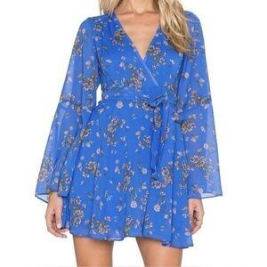 Free People Lilou Cobalt Blue Floral Flutter Belle Sleeve Chiffon Swing Dress XS